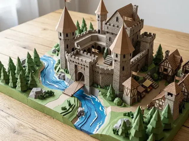 Escenario de papel 3D de castillo medieval con torres, murallas, puente y aldea