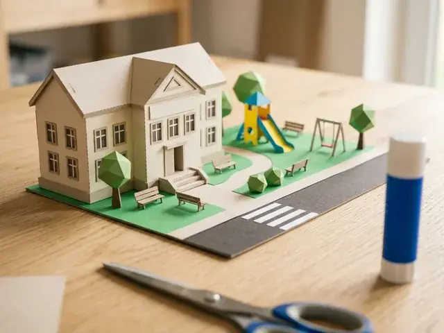 Escenario de papel 3D de escuela y parque infantil con resbaladilla, bancas y árboles