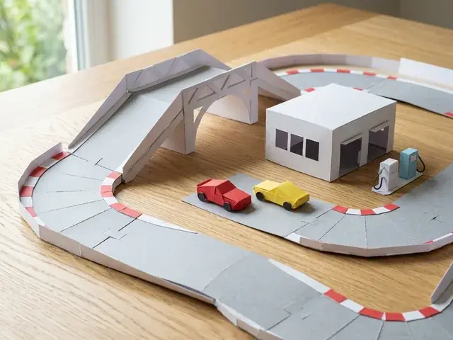 Escenario de papel 3D de pista de carreras con rampa, garaje y estación de servicio
