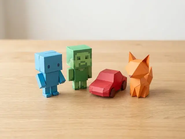 Figuras y juguetes de papel 3D individuales sobre una mesa: robot, personaje, carrito rojo y zorro de papel
